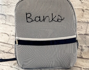 Custom Hand Embroidered Seersucker Backpacks - Perfect as a diaper bag, daycare bag, or overnight bag! Cute pattern for Spring/Summer!