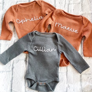 Custom Hand Embroidered Long Sleeve Waffle Bodysuit/Long Sleeve Ribbed Bodysuit image 2