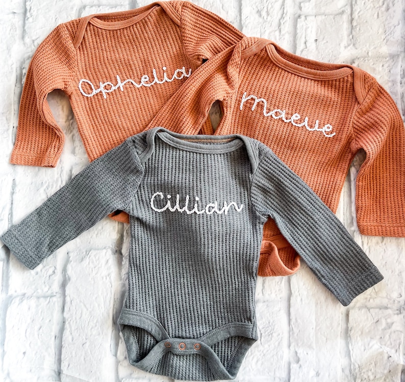 Custom Hand Embroidered Long Sleeve Waffle Bodysuit/Long Sleeve Ribbed Bodysuit image 2