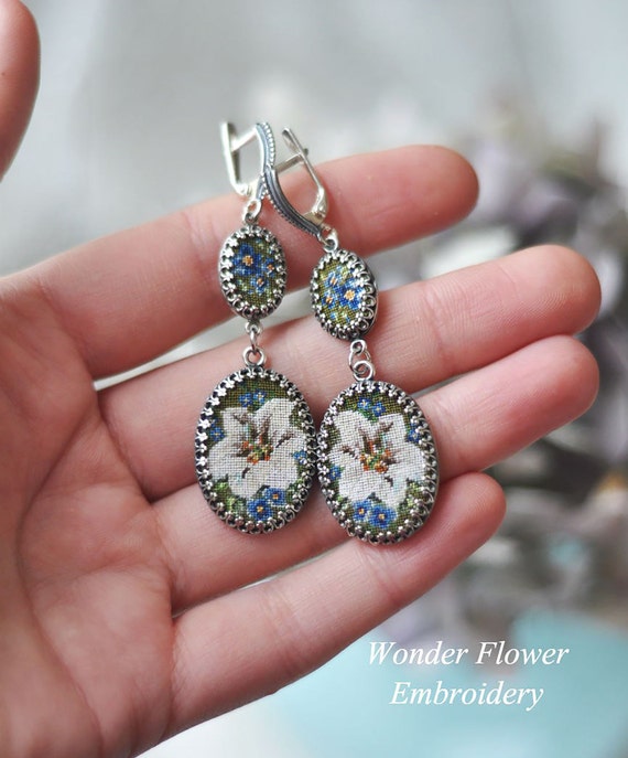 Ukrainian Artist/ Antique Silver Drop Earrings / Hand Embroidery petit point / Long earring Lilly and me-nots