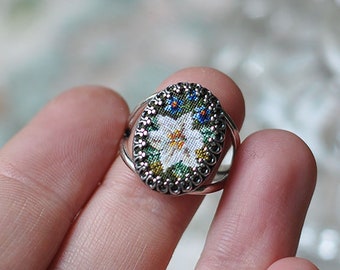 Antique Silver Ring with Hand Embroidery / Gift for Her / Embroidered petit point miniature