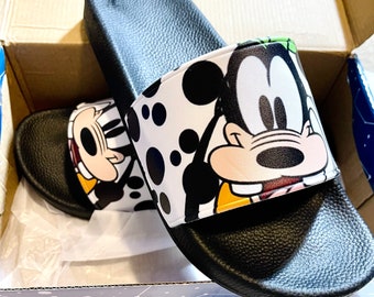 READY TO SHIP with Minor Flaw Men's Size 12 : Goofy Slip On Sandals | Goofy Sandals | Disney Slides | Disney Slip On Shoes | Mickey Slides