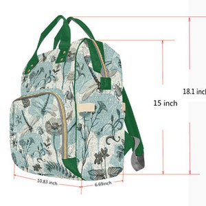 May include: A green and blue patterned backpack with a zippered front pocket and adjustable straps. The backpack measures 18.1 inches tall, 15 inches wide, and 10.83 inches deep.