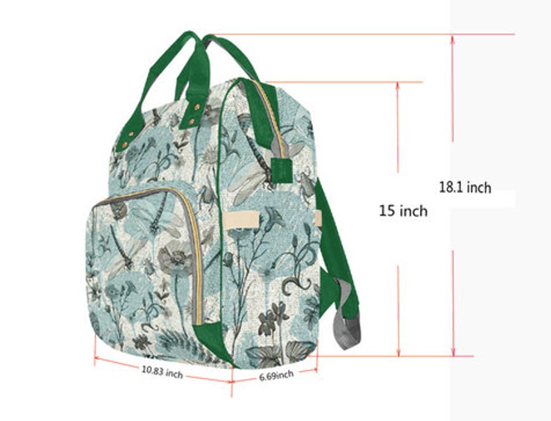 May include: A green and blue patterned backpack with a zippered front pocket and adjustable straps. The backpack measures 18.1 inches tall, 15 inches wide, and 10.83 inches deep.