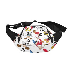May include: A black fanny pack with an adjustable strap. The pack is white with a repeating pattern of Mickey Mouse in various poses.