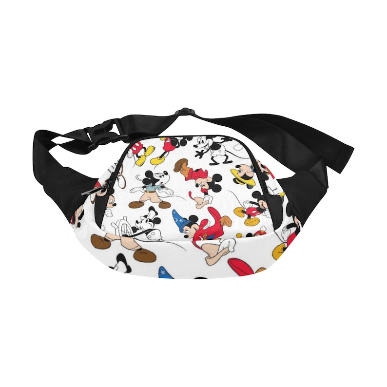 May include: A black fanny pack with an adjustable strap. The pack is white with a repeating pattern of Mickey Mouse in various poses.