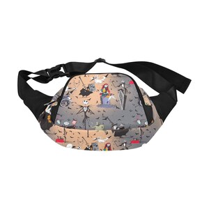 May include: A black fanny pack with an adjustable strap. The front of the pack features a colorful print of characters from the Nightmare Before Christmas movie.