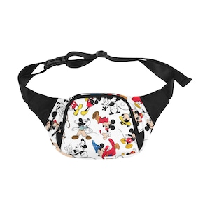 May include: A black fanny pack with an adjustable strap. The front of the pack features a white background with a repeating pattern of Mickey Mouse in various poses.