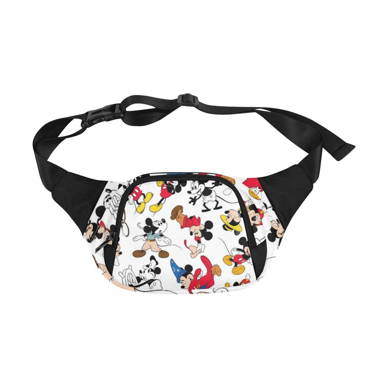 May include: A black fanny pack with an adjustable strap. The front of the pack features a white background with a repeating pattern of Mickey Mouse in various poses.