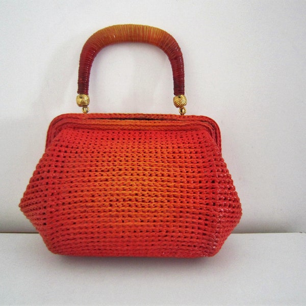 Rare Roberta di Camerino orange varnished wicker handbag, 1960