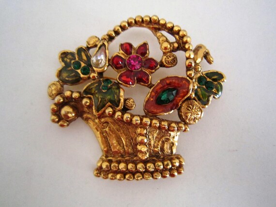 Vintage Emanuel Ungaro flowers basket brooch, 1980