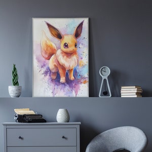 Adorable Eevee Pokemon Watercolor Digital Print - Perfect for Kids Room Decor, Cute Pokemon Wall Art