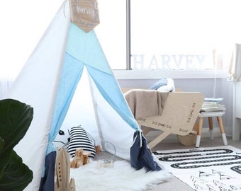 Lulo Kids Blue, Navy, White Childrens Teepee Tent, Handmade in Australia