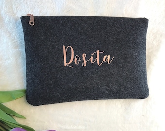Personalisierte Kosmetiktasche aus Filz mit Name und Reißverschluß in Silber oder Rosegold Farbe