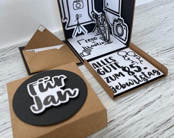 Explosionsbox für Fotoshooting-Gutschein/  Geschenkverpackung personalisiert – 3D Box mit Kamera-Motiv – Geldgeschenk Fotografie