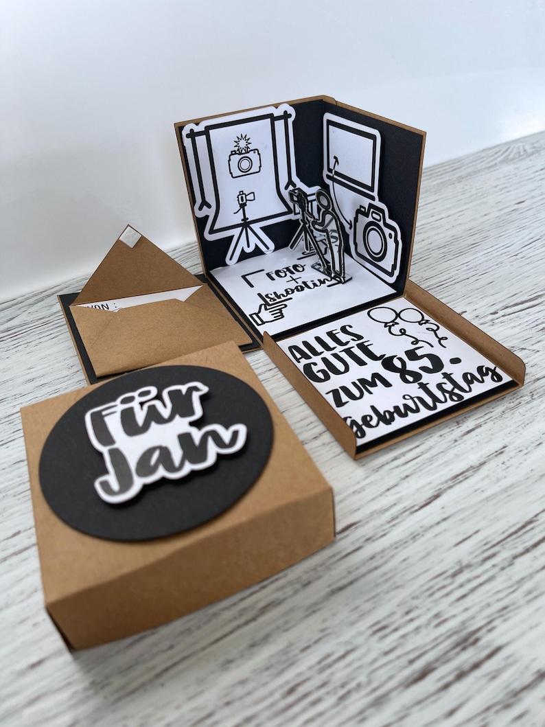 Explosionsbox für Fotoshooting-Gutschein/ Geschenkverpackung personalisiert – 3D Box mit Kamera-Motiv – Geldgeschenk Fotografie 画像 1