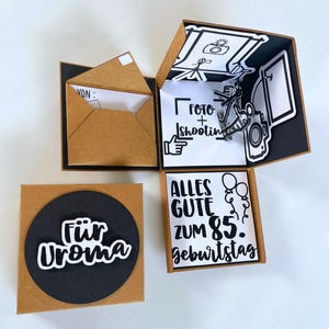Explosionsbox für Fotoshooting-Gutschein/ Geschenkverpackung personalisiert – 3D Box mit Kamera-Motiv – Geldgeschenk Fotografie 画像 2