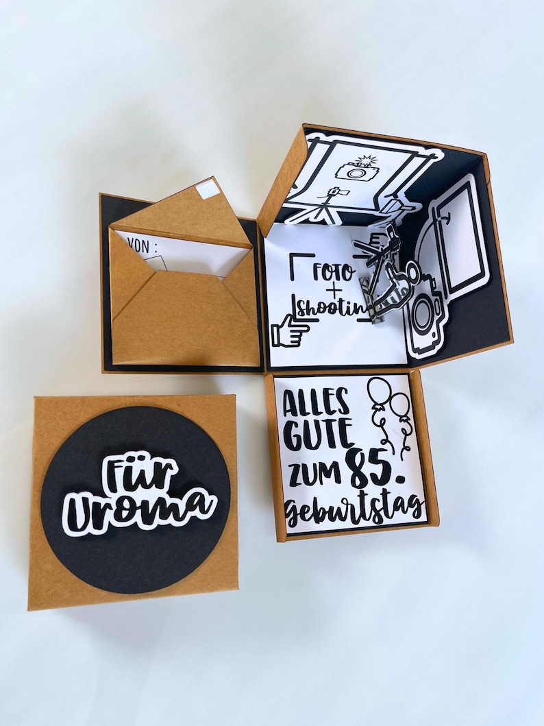 Explosionsbox für Fotoshooting-Gutschein/ Geschenkverpackung personalisiert – 3D Box mit Kamera-Motiv – Geldgeschenk Fotografie 画像 2