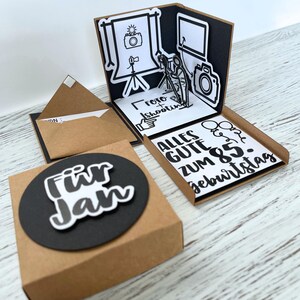 Explosionsbox für Fotoshooting-Gutschein/ Geschenkverpackung personalisiert – 3D Box mit Kamera-Motiv – Geldgeschenk Fotografie 画像 4
