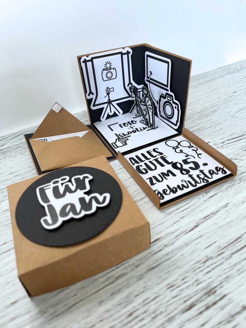 Explosionsbox für Fotoshooting-Gutschein/ Geschenkverpackung personalisiert – 3D Box mit Kamera-Motiv – Geldgeschenk Fotografie 画像 4