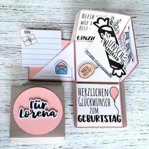 Personalisierte Explosionsbox Geburtstag | Geschenkbox mit Name | kreative Geldgeschenk Verpackung | Überraschungsbox | Pink