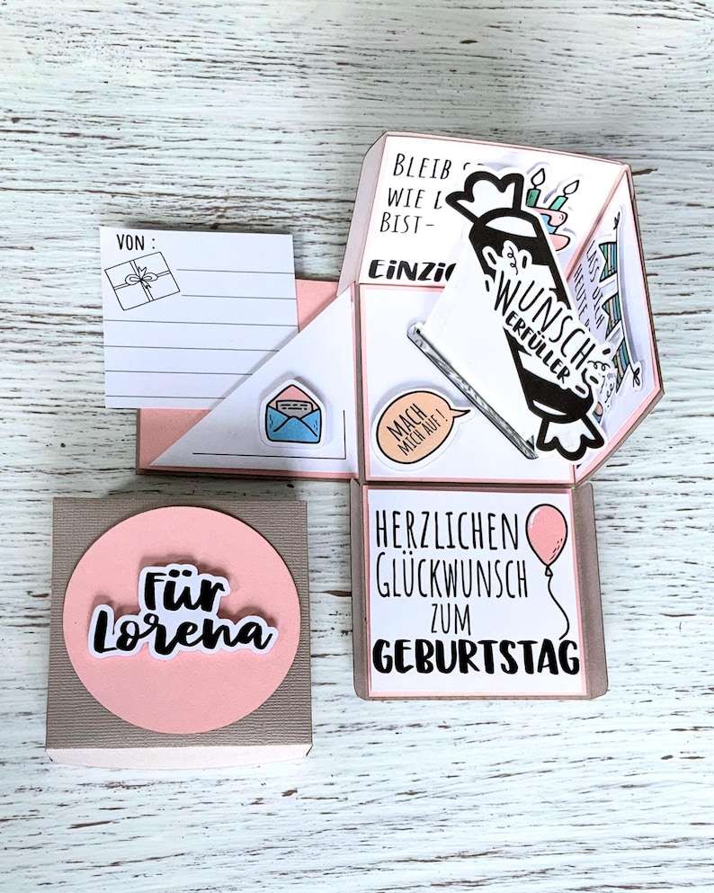 Personalisierte Explosionsbox Geburtstag | Geschenkbox mit Name | kreative Geldgeschenk Verpackung | Überraschungsbox | Pink