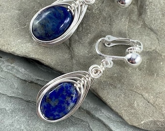 Lapis Lazuli Clip on Earrings for Women, Blue Natural Stone Non Pierced Earrings Gift for Her, Handmade Wire Wrapped Lapis Lazuli Jewelry