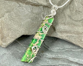 Green Sea Sediment Jasper Necklace, Terra Jasper Long Stone Pendant, Wire Wrapped Bohemian Jewelry Gift for Her, Wire Wrap Pendant
