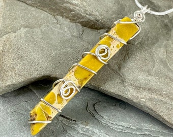 Yellow Sea Sediment Jasper Necklace, Terra Jasper Long Stone Pendant, Wire Wrapped Bohemian Jewelry Gift for Her, Wire Wrap Pendant