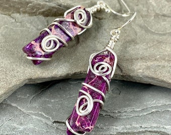 Purple Sea Sediment Jasper Earrings, Purple  Stone Dangle Earrings for women, Wire Wrapped Bohemian Jewelry Gift for Her, Terra Jasper