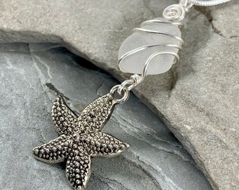 Silver Starfish Necklace for Women, Genuine White Sea Glass Necklace with Charm, Starfish Pendant  Gift for Her, Beach Wedding Jewelry