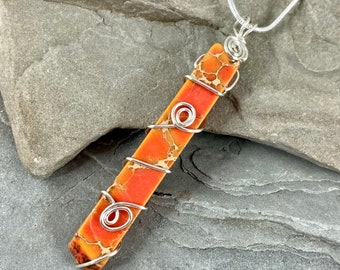 Orange Sea Sediment Jasper Necklace, Terra Jasper Long Stone Pendant, Wire Wrapped Bohemian Jewelry Gift for Her, Wire Wrap Pendant