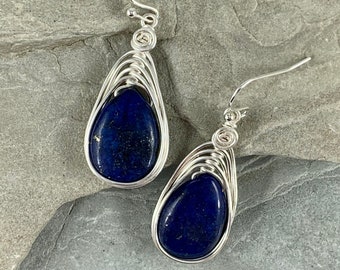 Teardrop Lapis Earrings for Women, Wire Wrapped Blue Stone Drop Earrings, Natural Lapis Lazuli Gemstone Jewelry Gift for Her, Hypoallergenic