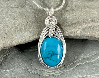 Genuine Turquoise Necklace, Silver Turquoise Pendant with Chain, December Birthstone, Natural Gemstone Jewelry for Women