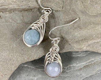 Faceted Aquamarine Earrings Silver, Wire Wrapped Gemstone Earrings for Women, March Birthstone Jewelry Gift for Her