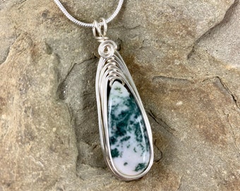 Natural Moss Agate Necklace for Women, Moss Agate Pendant with silver Chain, Handmade Jewelry Gift for Her