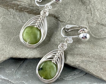 Connemara Marble Clip On Earrings for Women, Green Stone Clip Earrings Silver, Celtic Gift for Her, Handmade  Irish Jewelry