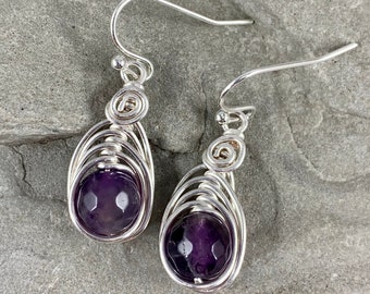 Genuine Amethyst Earrings,Wire Wrapped Amethyst Drop Earrings, faceted Amethyst Silver Earrings, February Birthstone Gift for Women