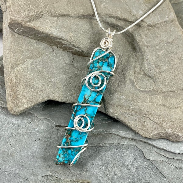 Turquoise Blue Sea Sediment Jasper Necklace, Aqua Terra Jasper Long Stone Pendant, Wire Wrapped Bohemian Jewelry Gift for Her, Beachy Vibe
