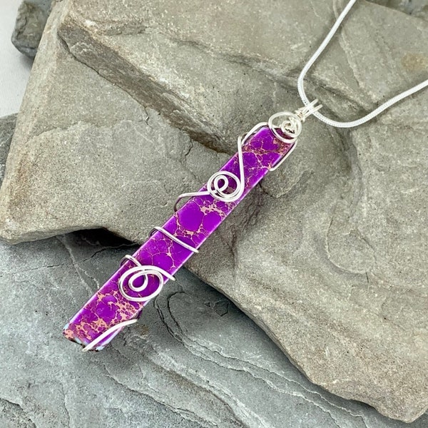Purple Sea Sediment Jasper Necklace, Terra Jasper Long Stone Pendant, Wire Wrapped Bohemian Jewelry Gift for Her, Wire Wrap Pendant