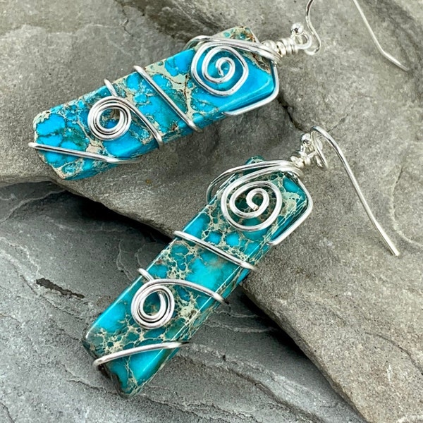 Turquoise Sea Sediment Jasper Earrings, Blue Stone Dangle Earrings for women, Wire Wrapped Bohemian Jewelry Gift for Her, Aqua Terra Jasper
