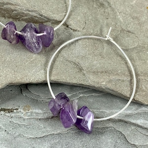 Raw Amethyst Hoop Earrings Sterling Silver, 35mm Medium Silver Hoops, Genuine Amethyst Gemstone Jewelry Gift for Her