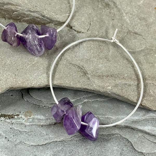 Raw Amethyst Hoop Earrings Sterling Silver, 35mm Medium Silver Hoops, Genuine Amethyst Gemstone Jewelry Gift for Her