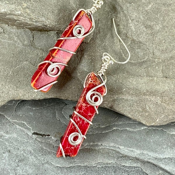 Red Sea Sediment Jasper Earrings, Red  Stone Dangle Earrings for women, Wire Wrapped Bohemian Jewelry Gift for Her, Terra Jasper