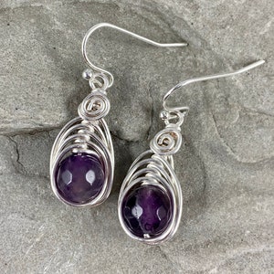 Genuine Amethyst Earrings,Wire Wrapped Amethyst Drop Earrings, faceted Amethyst Silver Earrings, February Birthstone Gift for Women