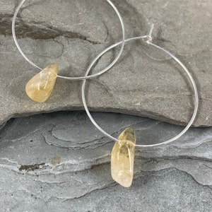 Raw Citrine Hoop Earrings Sterling Silver, Gemstone Silver Hoops, Genuine Citrine Earrings, November Birthstone Gift for Her