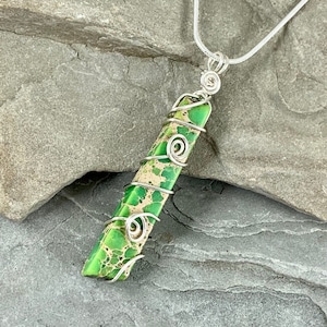 Green Sea Sediment Jasper Necklace, Terra Jasper Long Stone Pendant, Wire Wrapped Bohemian Jewelry Gift for Her, Wire Wrap Pendant image 1