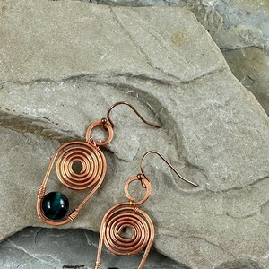 Handmade Green Tigers Eye Earrings, Wire Wrapped Spiral Copper Earrings, Boho Dangle Earrings, unique Earrings Gift for Her