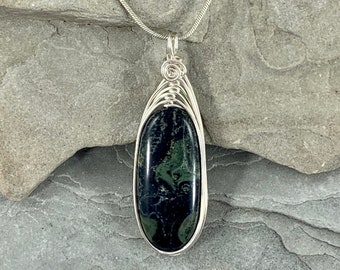 Kambaba Jasper Pendant, Wire Wrapped Green Natural Stone Necklace Silver, Unique Statement Jewelry, Nature Lover Gift , Calming Healing