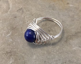 Lapis Lazuli Ring, Wire Wrapped Blue Stone Ring, Lapis Lazuli Jewelry, Blue Boho Ring, Unique Gift for Women